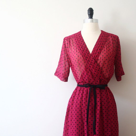 Vintage Japanese Dress 80s Dress Polka Dot Low V Wrapped Dress