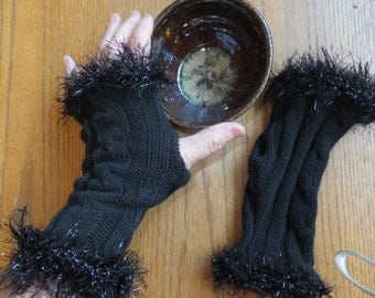 Bewitching Black Knit Fingerless Gloves, Cotton Knit Arm Warmers