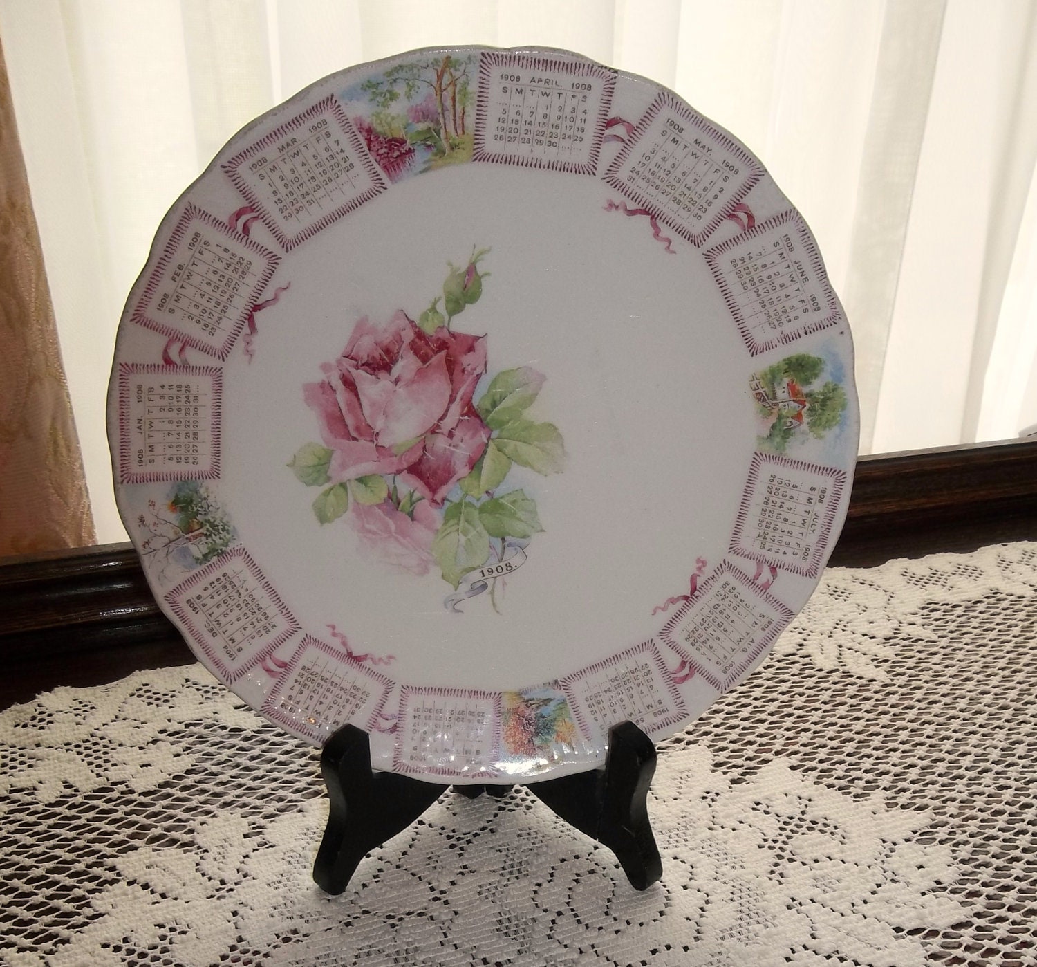 Antique Dated 1908 Calendar Plate Beautiful Pink Roses 4