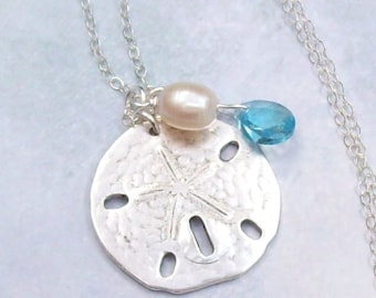 Silver Sand Dollar Necklace, Tropical Necklace, Sand Dollar Charm Necklace, sterling silver, matte, freshwater, Swarovski crystal