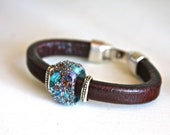 Brown leather bracelet, handcrafted lampwork glass bead , blue, red, purple, gift
