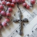 Antique French religious beaded catholic rosary necklace w pink stone, cross crucifix w Jesus Christ, sacred heart medal Marie