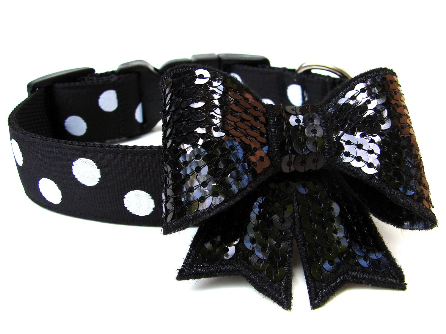 Bow Dog Collar 1 Black and White Polka Dot Dog Collar