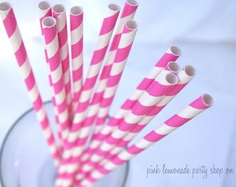 BRiGHT PINK Striped -Paper Straws --25ct with Free Printable diy Flags