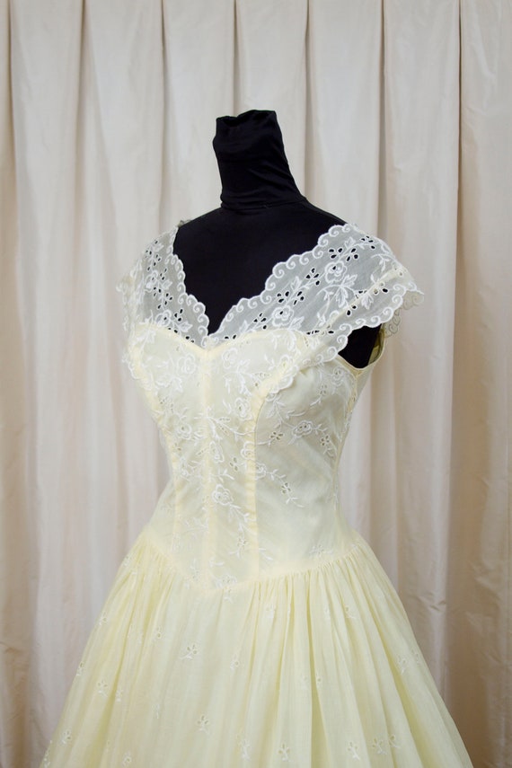 1950's Dress // Embroidered Butter Yellow Organdy Full