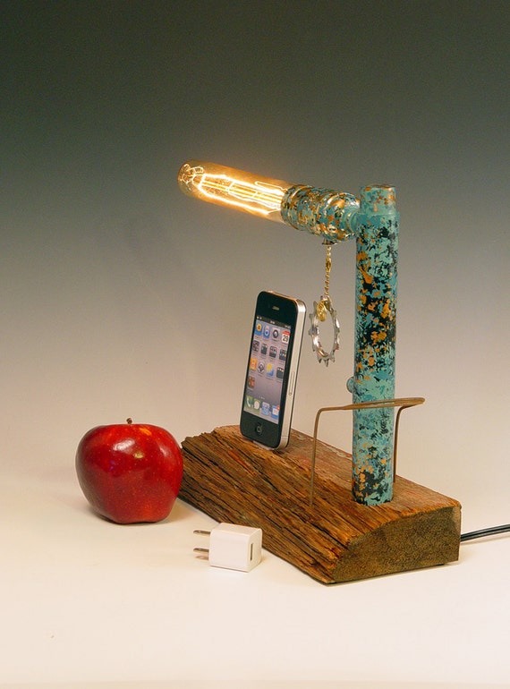 iPhone iPod dock AND table lamp. Recycled wood. iPhone 3 4