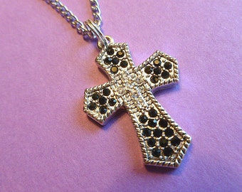 Silver & Black Rhinestone Cross, Cross Pendant with 18K Whitegold Neck Chain, Vintage Cross Necklace