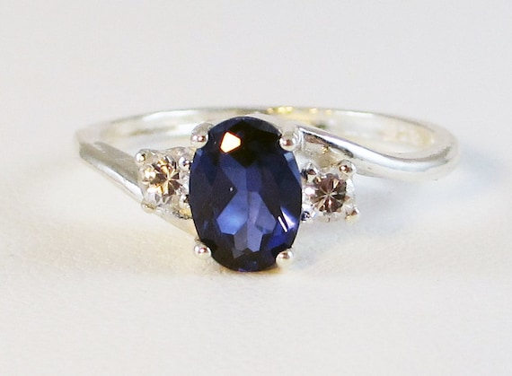 Oval Blue Sapphire Ring - Sterling Silver