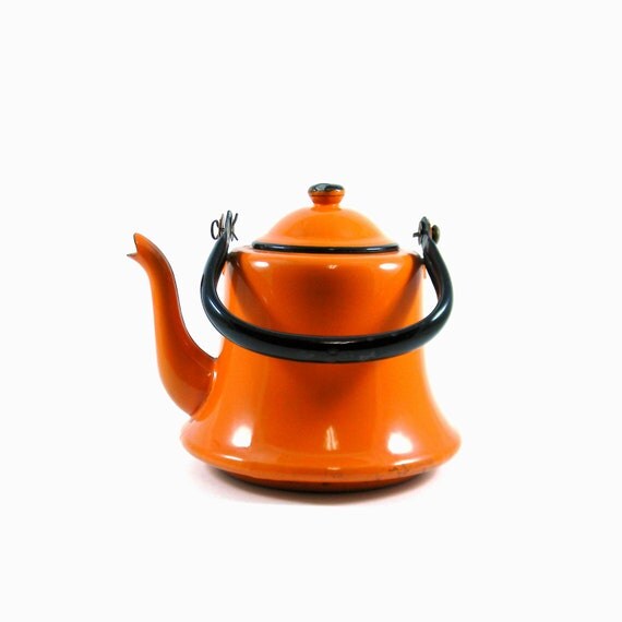 Orange Tea Kettle Vintage 1950s Mod Tangerine Enamel Home