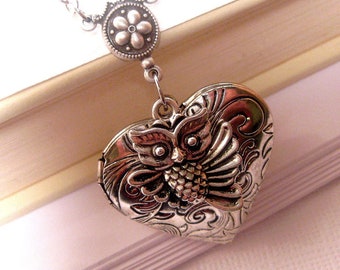 Heart Locket - Locket Necklace - Owl Necklace - Heart Necklace - Love Necklace - Christmas Gift