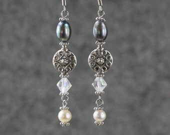 Pearl and charm linear long dangling earrings Bridesmaids gifts Free US Shipping handmade Anni Designs