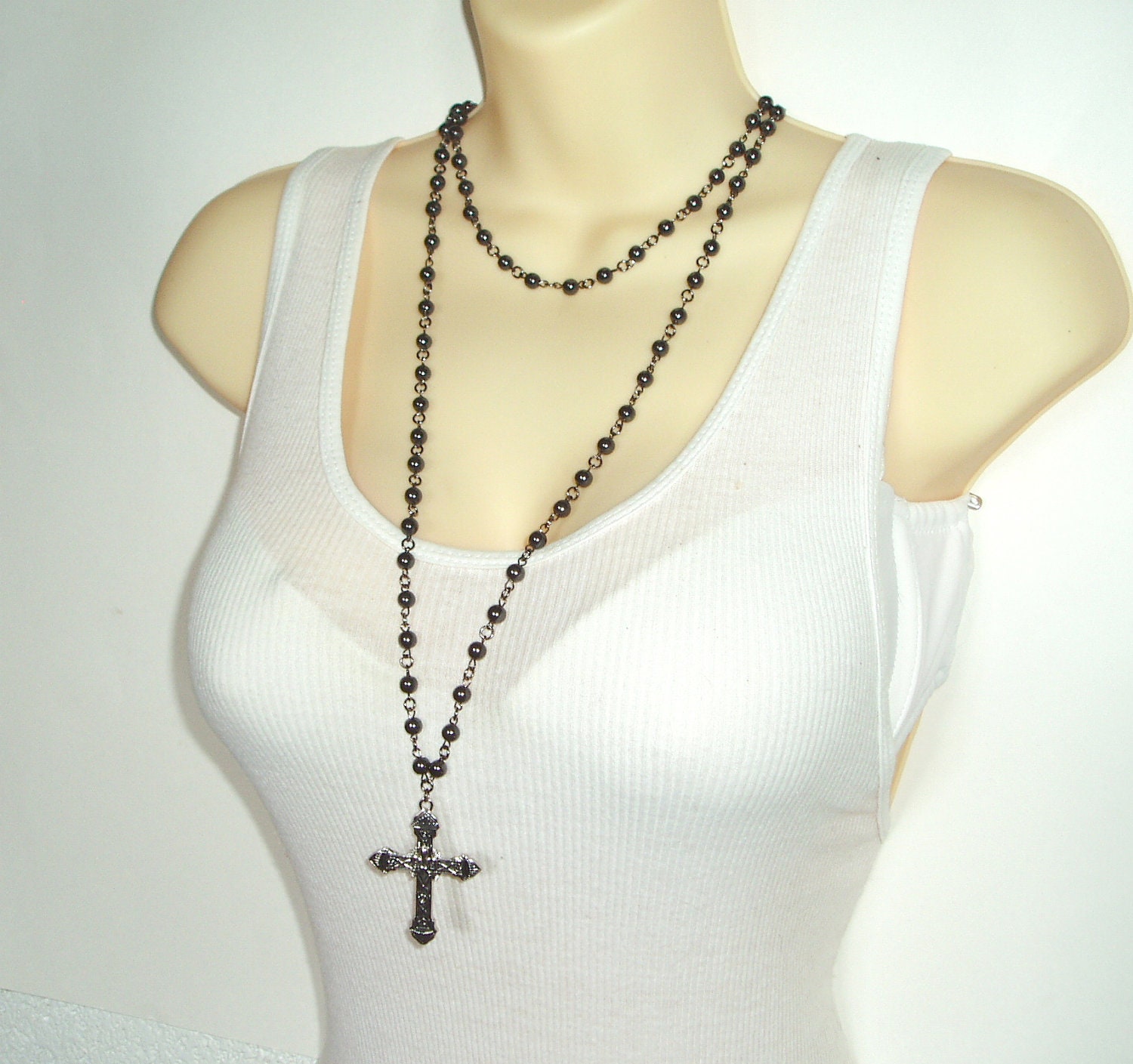 Beaded Cross Pendant Necklace Double Strand Black Rosary