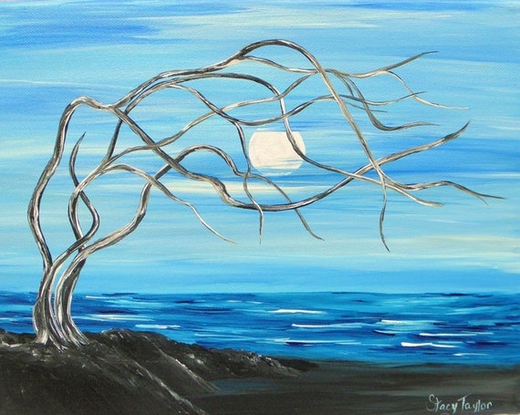 Moon Over the ocean, original painting, deadwood, surreal art, fine art, Blue Ocean, Beach boho