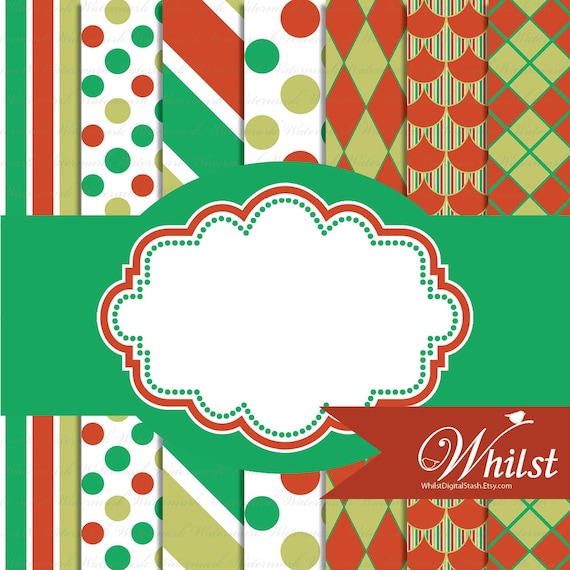 Red green Christmas digital paper and frame clip art : p0220 3s021220 IP Il_570xn