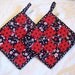 Quilted Pot holders - Red, Black, White and Gray- Cotton - Set of 2 - 8in x 8in