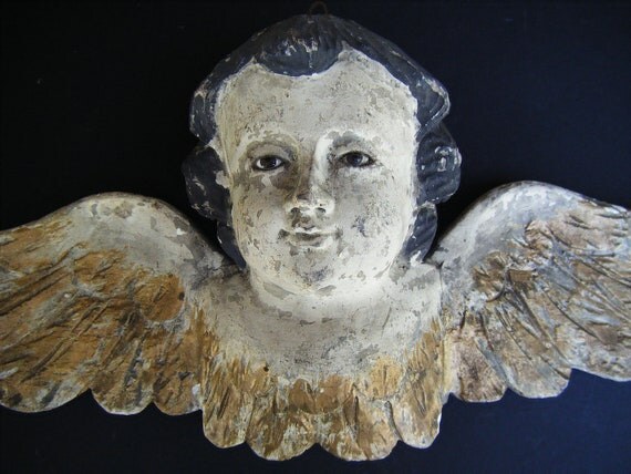 Antique Angel Head with WingsGlass Eyes Antique Hand Carved