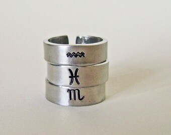 Thin hand stamped zodiac ring, Aquarius, Pisces, Aries, Taurus, Gemini, Cancer, Leo, Virgo, Libra, Scorpio, Sagittarius, Capricorn.