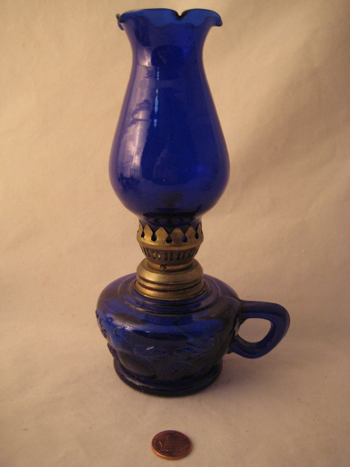 1950s Vintage Cobalt Blue Glass Oil Lamp made in Hong Kong