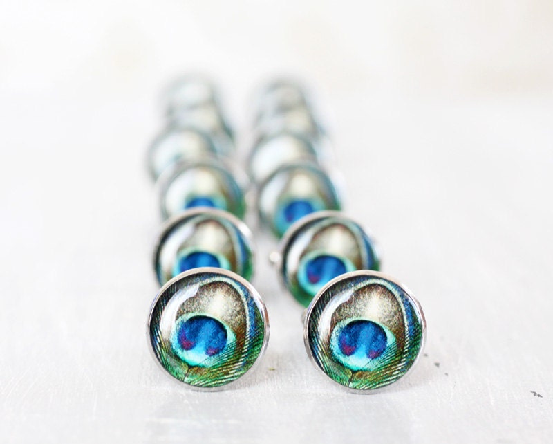 Wedding mens cufflinks set of 6 Groomsmen gifts Peacock