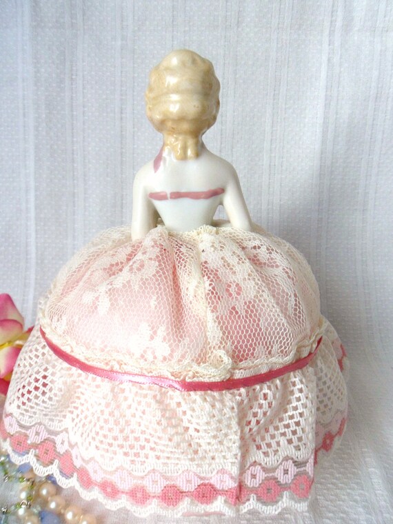 German Half Doll Pincushion in Gown Antique Porcelain Lady