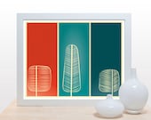 Mid Century Trees Print - Poster modern minimal artwork wall decor nature forest branches office kitchen red teal green tree autumn fall art