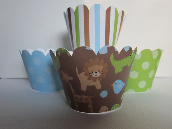 Jungle Brown Green & Light Blue Standard Cupcake Wrappers Set of 12 Il_570xn