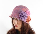 Crochet Cloche Hat with 3 Crochet Flowers - Pink and Lilac