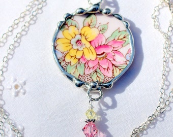 Necklace, Broken China Jewelry, Broken China Necklace, Pink and Yellow Floral China, Sterling Silver, Soldered Jewelry