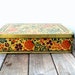 Vintage candy box / cookie tin / upcycled metal storage box / reusable gift box / made in England / gold / red orange / blue plum / flowers