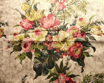 rose and green floral bouquets vintage cotton barkcloth fabric -- 46 wide by 2 1/2 yards