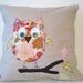 Owl cushion cover, pink and green, woodland, free motion applique, Amy Butler cotton and linen. 40cm / 16"