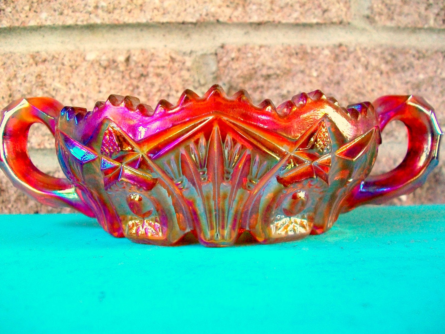 Small Carnival Glass Red Orange Sunset Bowl Candy Dish Candle