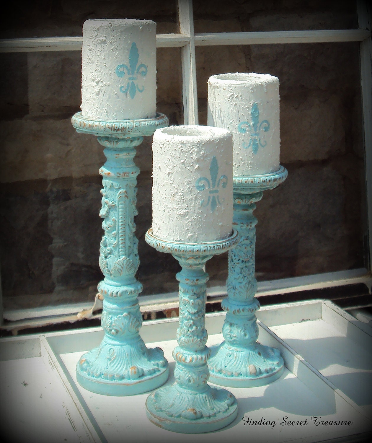 Set of 3 Distressed Aqua & Gold Candle Stick Holders