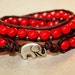 ON SALE - Elephant Bracelet, Leather Beaded Wrap Bracelet 2x, Elephant Jewelry, Red Fossil Stone, Boho Chic, Lucky Jewelry