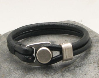 EXPRESS SHIPPING Men's leather bracelet.Black leather multi strand men's bracelet with silver plated clasp. Fathers day . Gift for men.