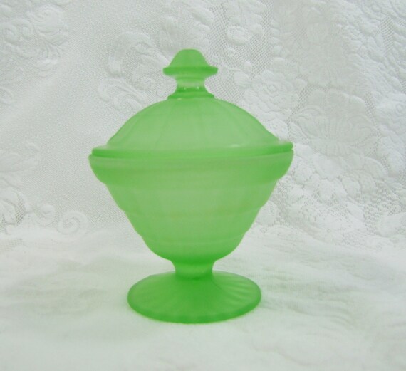 Lime Green Satin Glass Lidded Candy Dish Compote Small