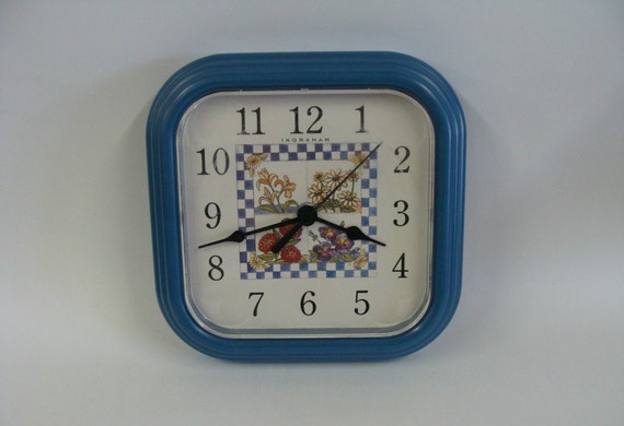 Vintage Quartz Blue Square Wall Clock by Ingraham Kitchen