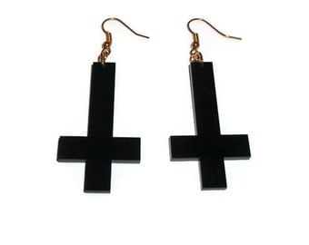 Inverted Cross Earrings, Black Acrylic Dangle Earrings, Laser Cut Jewelry