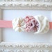 Elastic headband baby girl fabric flowers - pink white newborn gift - handmade - ready to ship