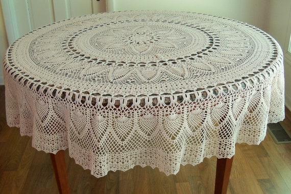 Handmade Crocheted Pineapple Tablecloth 70 Inch Round Natural