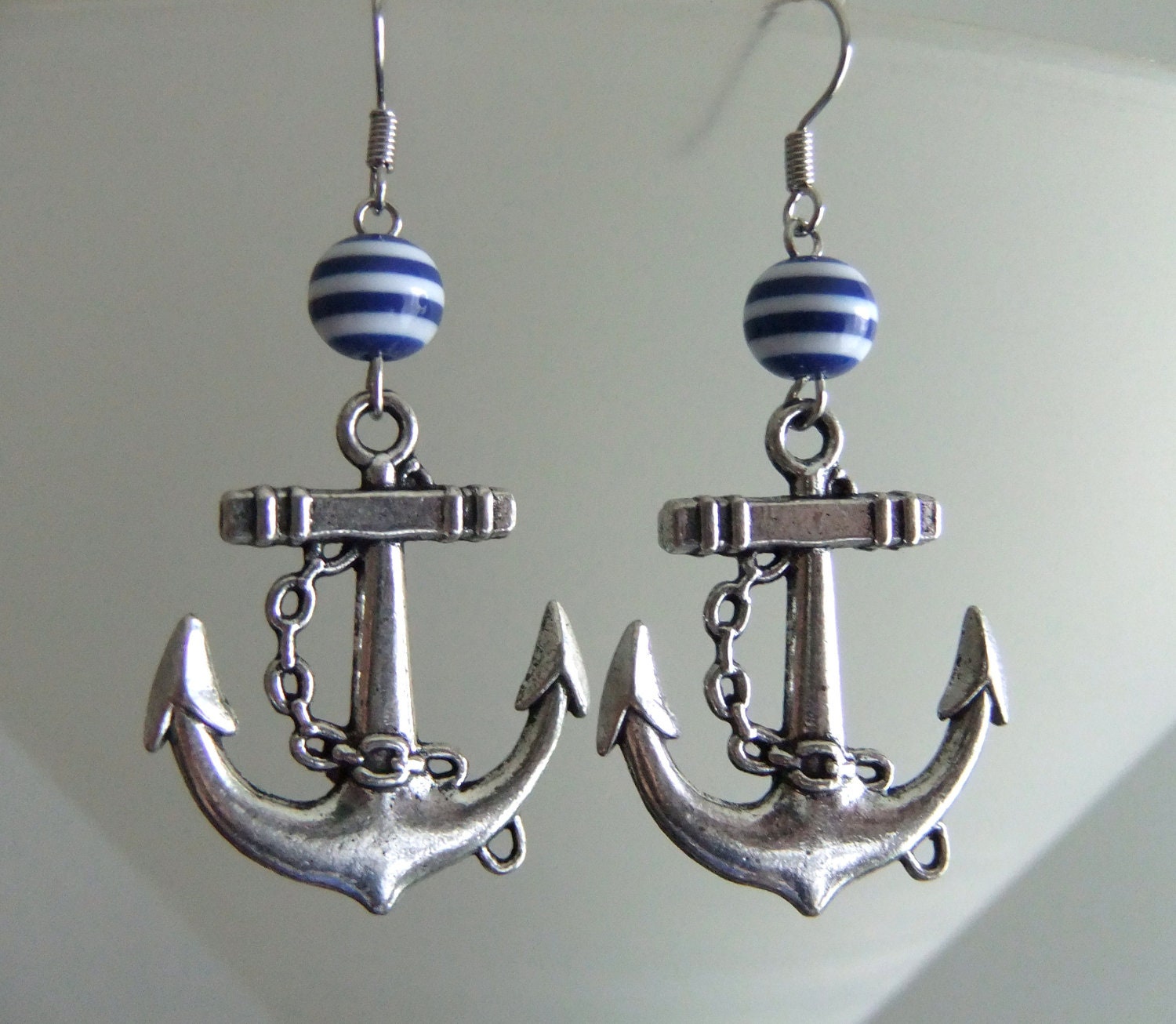 Silver Anchor Earrings Jewelry with Navy Blue White Stripe