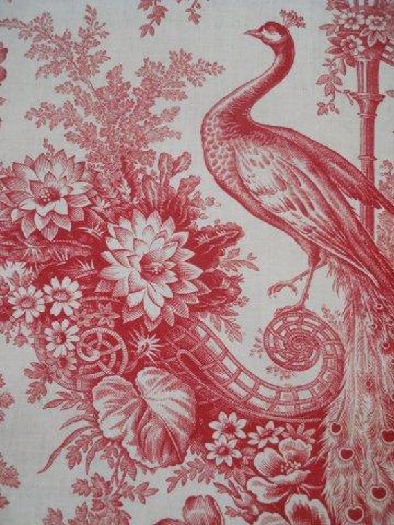 Antique French Fabric Linen Toile de Jouy Peacock Floral Decor