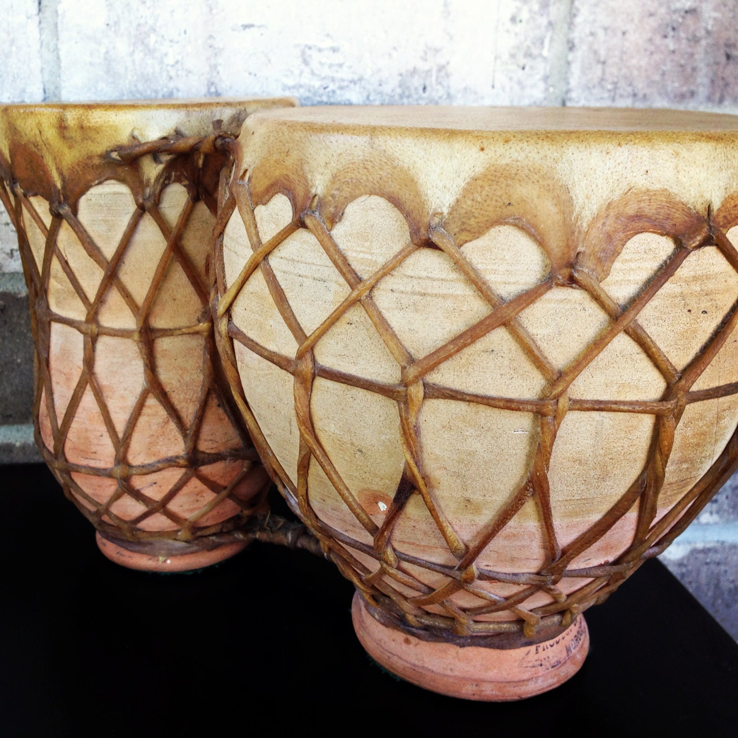 Moroccan Clay Hancrafted Drum Duo by VintagelyConstructed on Etsy