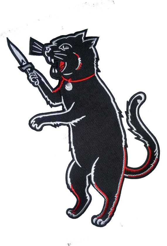 GIANT Back Jacket Patch Iron On Black Cat Switchblade dagger