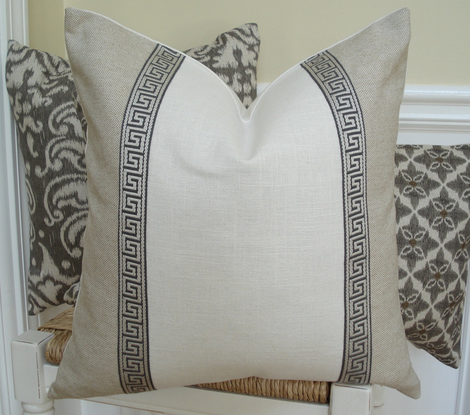 Greek key pillow cover. Greek key trimmed natural linen