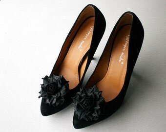 Black Leather Flower Shoe Clips