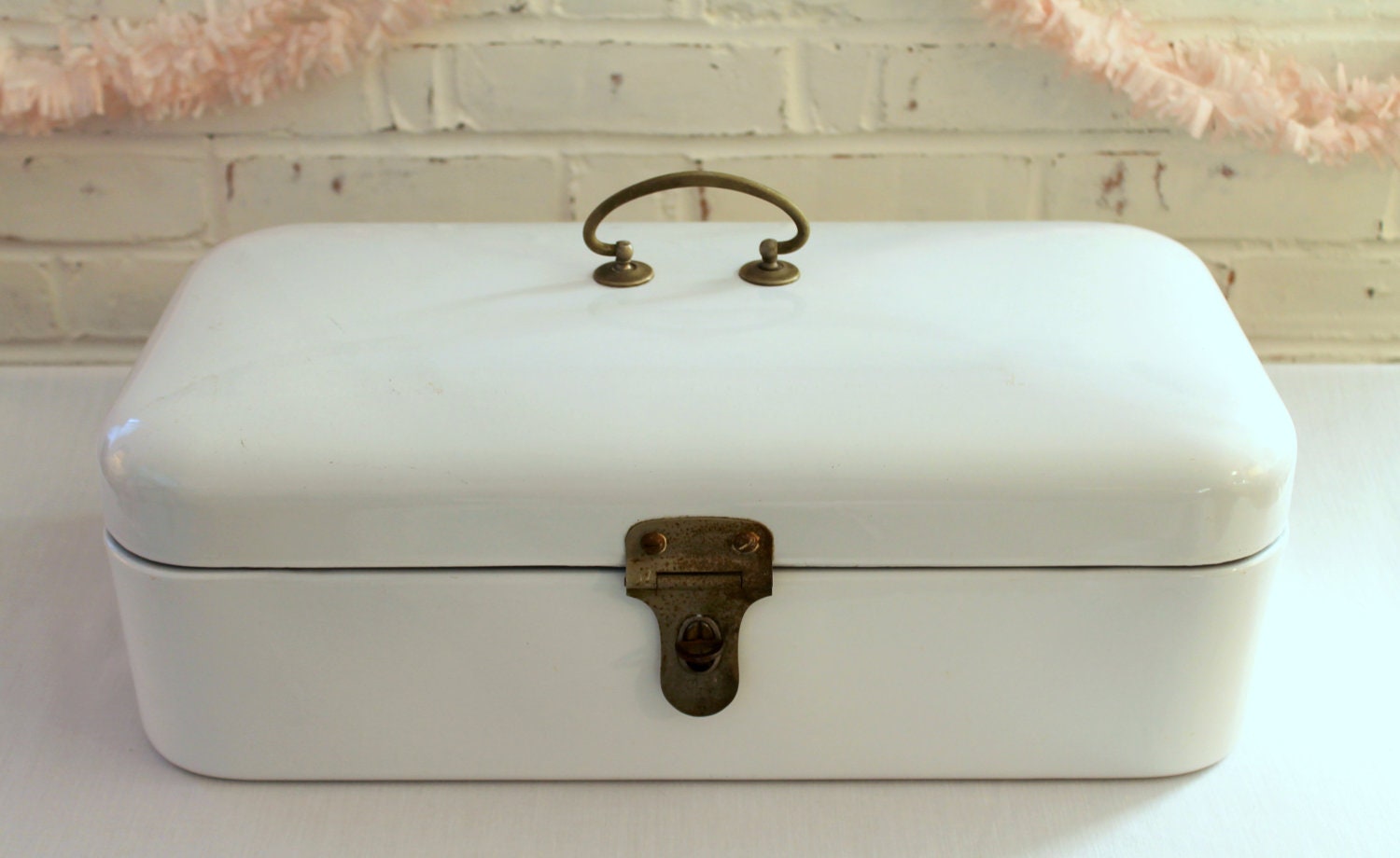 Vintage White Porcelain Enamel Bread Box...Hinged