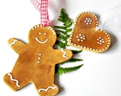 Ceramic Ornament Gingerbread Man and Heart Caramel White Dots Decoration in Recycled Box Set of 2