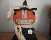 Primitive Grungy Pumpkin Witch Fabric Shelf Sitter/Doll for Fall and Halloween