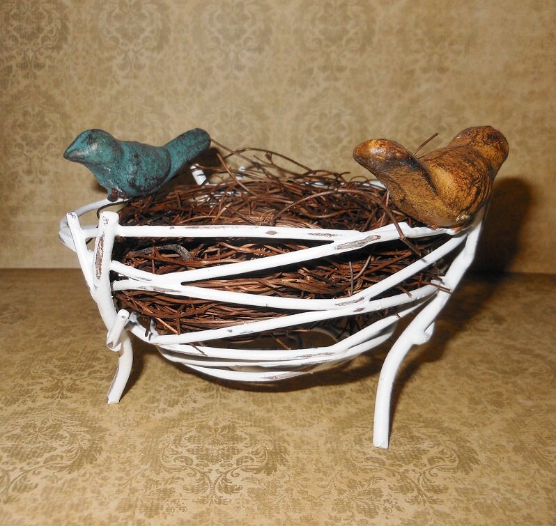 White French Shabby Chic Cast Iron Bird's Nest With Birds